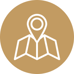 An icon representing a map with a location pin, enclosed in a circular brown background.