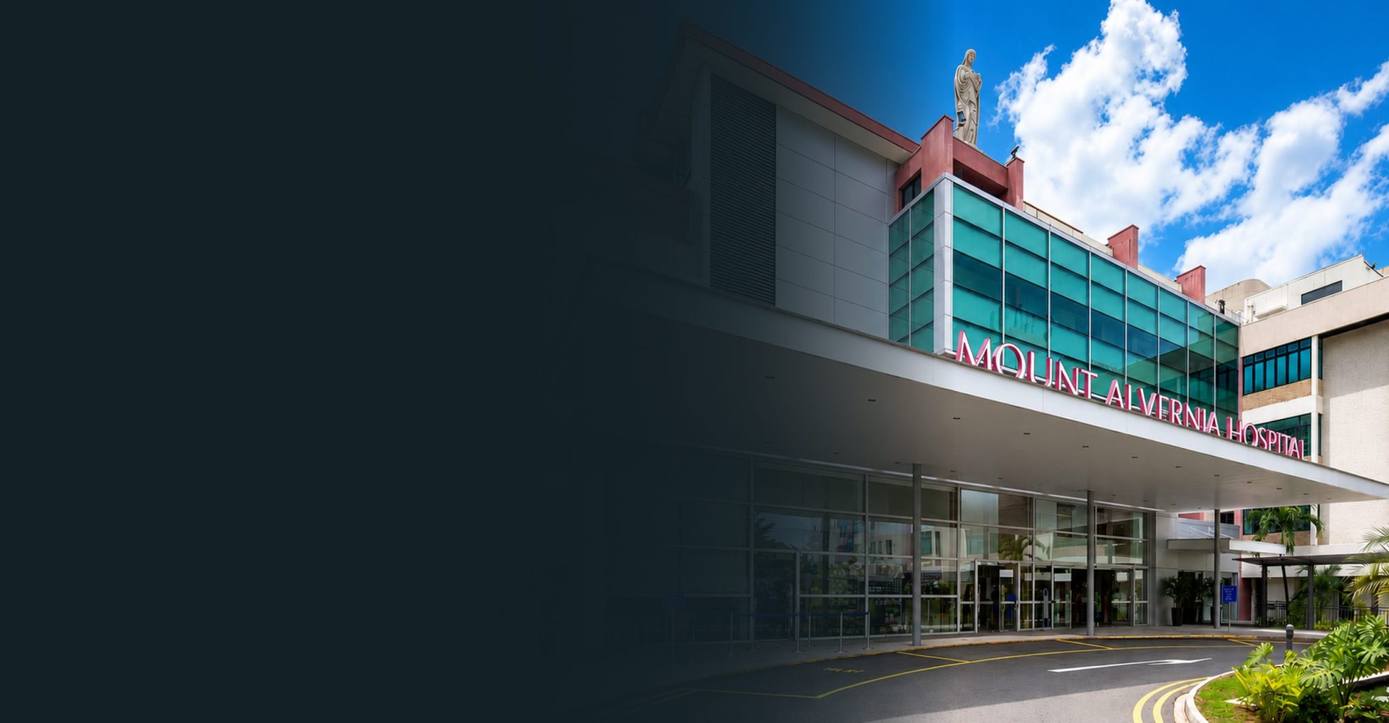 A modern hospital building with a clear blue sky and clouds, featuring the name 'Mount Alvernia Hospital' prominently displayed.